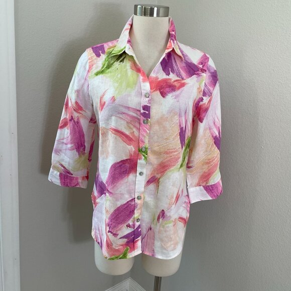 Chicos Womens 4 No Iron Watercolor Linen Button Up Shirt 3/4 Sleeve Blouse - Picture 2 of 10
